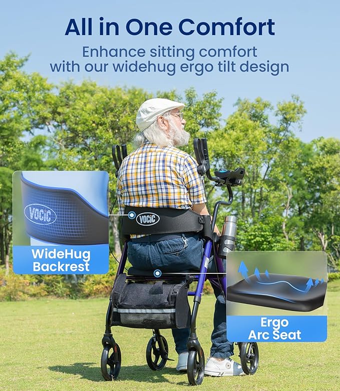 VOCIC Walkers for Seniors, Upright Walker with Adjustable Armrests, Z22 GelCool Stand Up Walker with Ergo Seat & Backrest, 8" All Terrain Rollator with 300lb,Cup& Cane Holder
