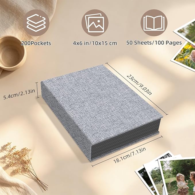 Popotop Photo Album 4x6 200 Pockets for Wedding Gifts,Linen Hardcover Picture Albums for Family Anniversary Baby Vacation Pictures