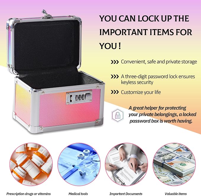 Small Medication Combination Lock Boxes with Code for Personal Items, Medicine Lockbox for Documents - 7.1 x 5.1 x 5.3 Inches Aurora