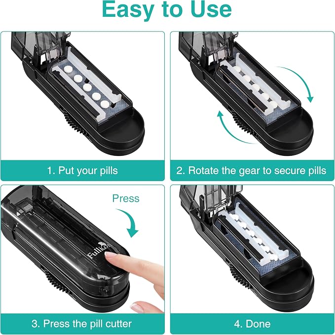 Fullicon Pill Cutter, Adjustable Cutter with precision alignment, Stainless Steel Blade & Guard, Splitter with Free Brush & Pill Box (Black)