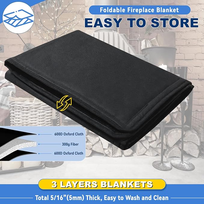 Magnetic Fireplace Cover, Fireplace Draft Stopper with 12 Pieces Strong Magnets, Fireplace Blanket for Heat Loss, Air Blocker for Winter and Summer, 38"x26", Black