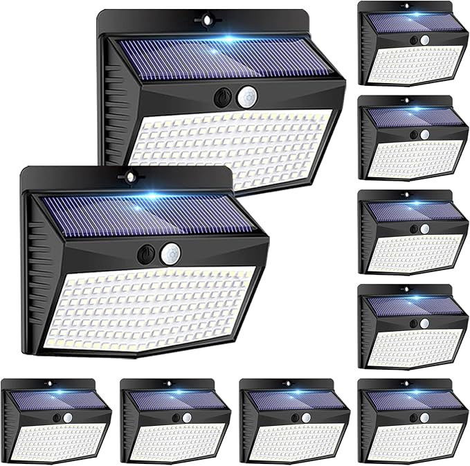 10 Pack Solar Motion Sensor Lights Outdoor Waterproof with 3 Modes | Cool White, Black Frame, LED, Solar Powered, Security Lighting for Outside Wall Garden Fence Yard Deck Patio Garage