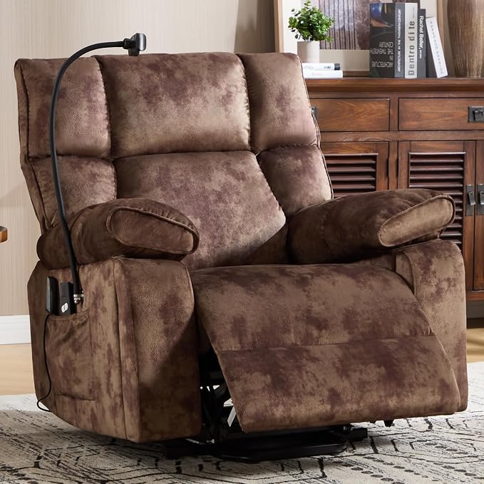 Power Lift Recliner for Elderly with Heat & Massage, Wide Electric Reclining Chair with Cup Holder, Phone Holder & Side Pockets, Brown