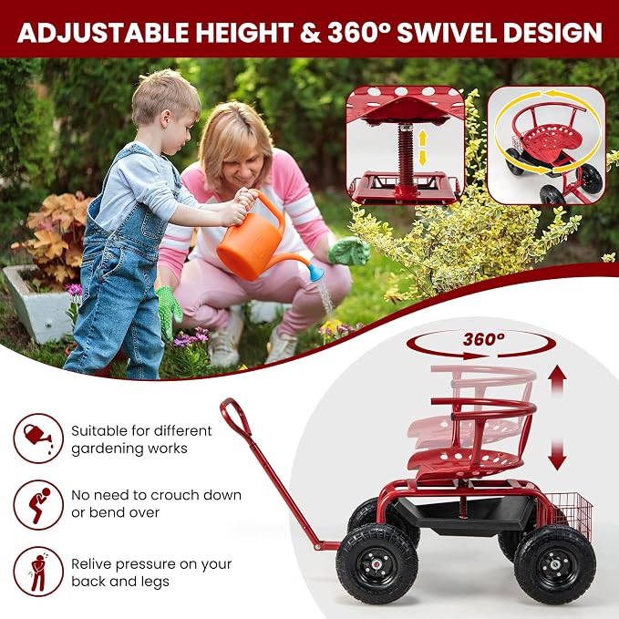 Garden Cart with Seat, Heavy-Duty Rolling Wagon Scooter with Wheels, Height Adjustable & 360° Swivel Seat, Storage Tray, Basket & Handle, Outdoor Gardening Work Seat for Patio Yard(Green)