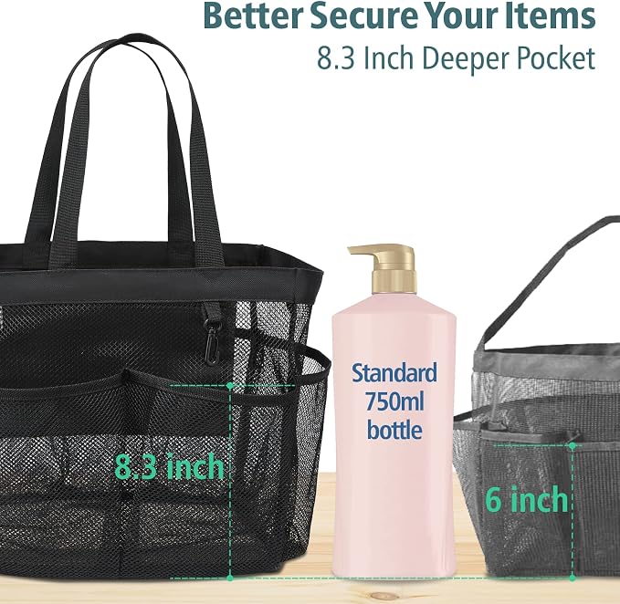 Mesh Shower Caddy Portable - 8 Pockets Extra Large Shower Bag for Dorm | S-Hook, Quick-Dry, Hanging Toiletry Organizer, College Dorm Room Essentials for Girls, Gym, Travel & Bathroom, Black