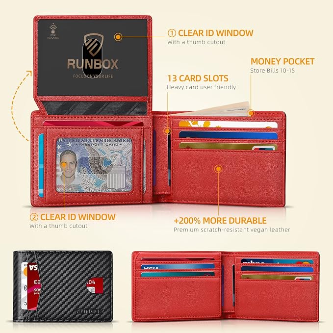 RUNBOX Wallet for Men -Slim Rfid Leather Mens Bifold Novelty Wallets 2 ID Window With Gift Box Men's Accessories | Minimalist Front Pocket Design, Holds 15 Cards, Large Capacity with Cash Pocket,Compact and Thin, Birthday Gifts for Men