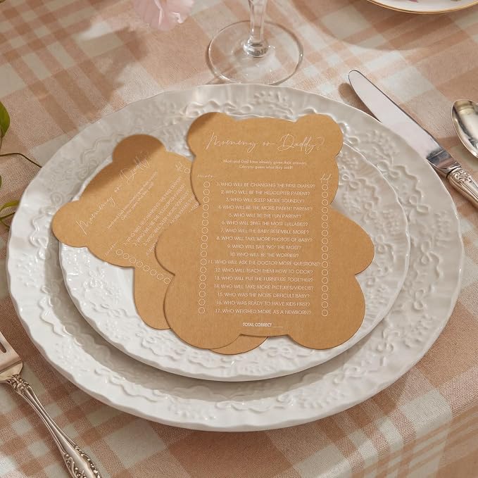 50 Pcs Bear Baby Shower Games Mommy or Daddy Guess Who Game for Girl or Boy Funny Baby Shower Games Fun Gender Neutral Activity Kraft Paper Cards
