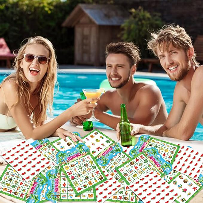 Summer Bingo Game Cards, 24 Players Tropical Hawaiian Bingo Cards for School Classroom Family Activities Summer Party Favors Supplies