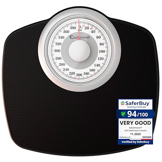 Adamson A25 Scales for Body Weight - Up to 400 LB - New - 5.3" Dial on 12.4" x 10.2" Platform - Anti-Skid Rubber Surface - High Precision Bathroom Scale Analog - Durable with 20-Year Assurance - Black