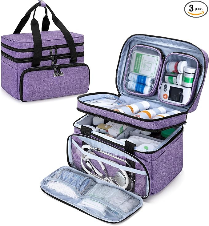 BAFASO Double Layer Medicine Bag with 2 Detachable Pouches, Purple | Pill Bottle Organizer for Travel and Daily Use (Bag ONLY)