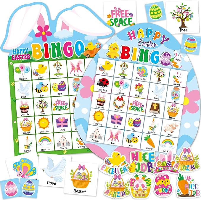 Lonfliness 39Pcs Easter Bingo Game for Adults Kids 24 Players Easter Bunny Egg Shape Bingo Game Cards with Reward Stickers for Family Friends Large Group Activities Happy Easter Spring Party Favors
