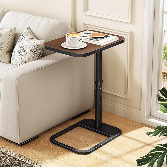 Kitstorack TV Tray Table, Adjustable Height & Rounded Metal Corners, Snack Table for Couch, Sofa, Bed, Chair, Living Room, C Shaped End Side Table for Eating, Dinner or Laptop, Small Spaces, Espresso