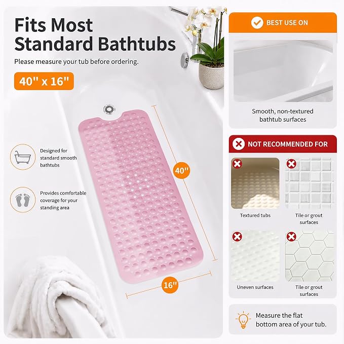 Yimobra Non Slip Bathtub Mat 40 x 16 Inch, Extra Long Shower Mat with Drain Holes, Machine Washable Baby Bath Mats, Strong Suction Cups for Bathroom Floor, Pink