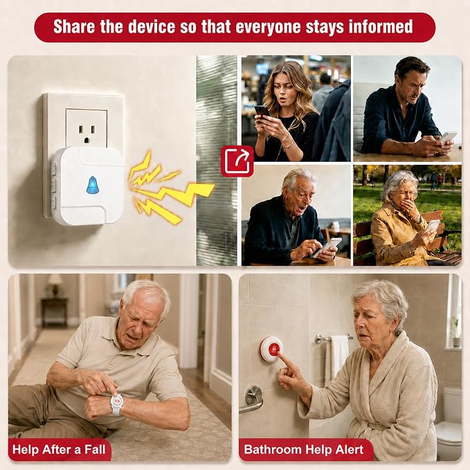 SanJie WiFi Caregiver Pager with Remote App Alerts & Family Sharing, IP55 Water-Resistant Call Button for Elderly at Home, Recovery Care & Night Care, 110dB Loud Alarm & 20 Chimes (Only 2.4GHz Wi-Fi)