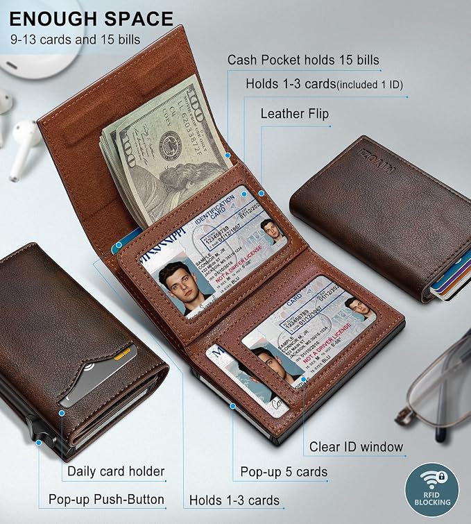 Wallet for Men,with Cash Pocket 2 ID Window 9-13 Cards,Metal Case Smart Slim Pop Up Credit Card Holder Flip with Magnetic Closure RFID Blocking Trifold wallet with Gift Box