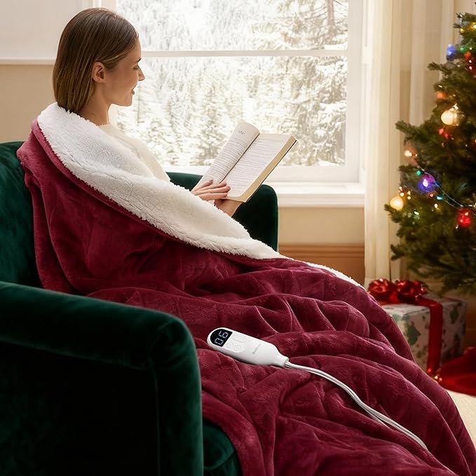 Bedsure Heated Blanket Throw Blanket - Fast Heating Electric Blanket, Soft Flannel Heated Throw with 4 Time Settings, 6 Heating Settings, Gifts for Grandma, Grandpa, Grandkids (50"x60", Burgundy)