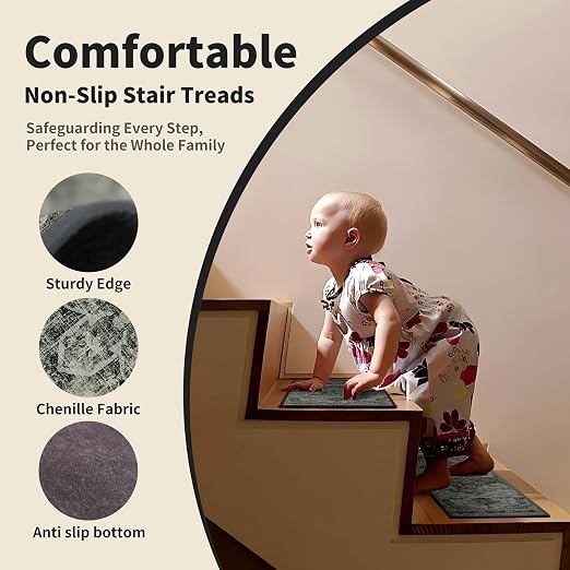 Non Slip Stair Treads for Wooden Steps, 1 Pack 30"x30" Washable Carpet | 30x30 in soft chenille polyester stair treads with reusable TPE backing for indoor wood stairs, dogs, kids, and seniors
