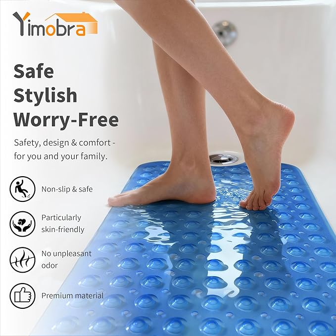 Yimobra Non Slip Bathtub Mat 40 x 16 Inch, Extra Long Shower Mat with Drain Holes, Machine Washable Baby Bath Mats, Strong Suction Cups for Bathroom Floor, Clear Navy Blue
