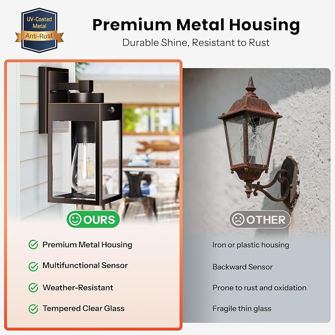 Gleamz Motion Sensor Outdoor Garage Lighting Fixture, Anti-Rust, Waterproof | Bronze Exterior Porch Lights Wall Mount with Gold Trim, Outdoor Wall Lantern for House, Front Door, Easy to Install, 2-Pack