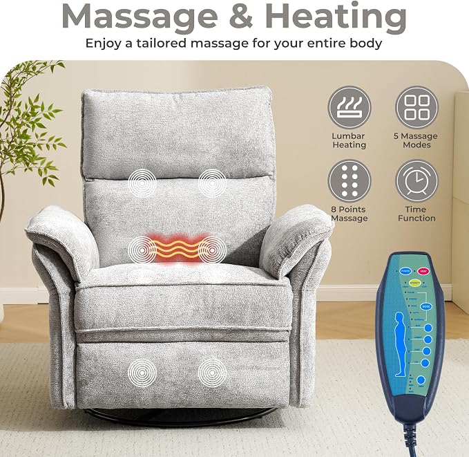Oversized Power Recliner Chair Swivel Glider with Massage and Heat, Rocker Nursery Recliner for Adults with Adjustable Headrest, 24" Extra Wide Nursery Chair with Overstuffed Armrest,Light Grey