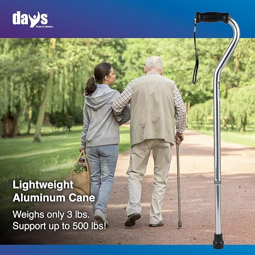 Days Standard Bariatric Offset Cane with Tall Height Adjustment, Bariatric Cane with Rubber Tip, Heavy Duty Walking Cane for Weight Bearing, Mobility Aid for Elderly, Silver with Black Handle