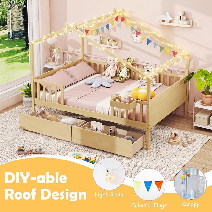 Giantex Full House Bed with Drawers, Wooden Full Size Bed Frame with Cube Storage & Fence Rails, Montessori Beds for Kids Boys Girls, Bedroom, Living Room, No Box Spring Needed, Natural