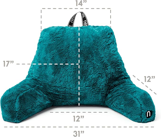 Nestl Fur Reading Pillow with Laptop Lap Desk, Stylish Back Pillow for Sitting Up, Lap Desk with Reading Pillows for Sitting in Bed Adult & Kids, Faux Fur Chair Pillow with Arms - Teal