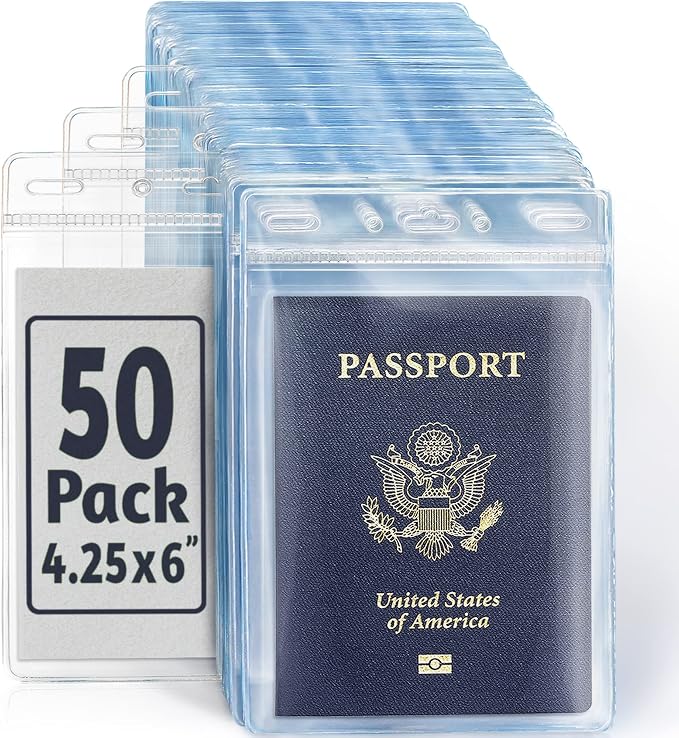Passport, ID Card, Name Badge Holders - 4x6, 50 PK, Vertical Zipperless | EcoEarth clear plastic identification card holders with soft edge, quick loading, pre-punched holes for all lanyard clips