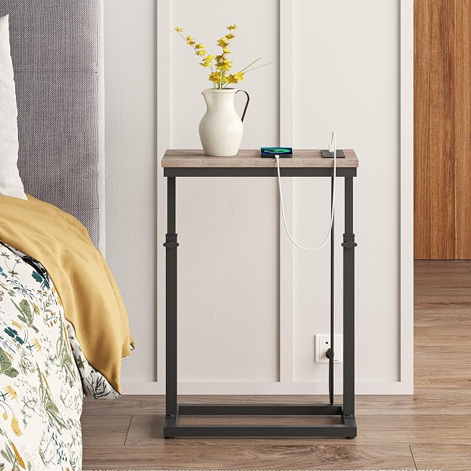 TUTOTAK End Table with Charging Station, Side Table, Tall Couch Table | Sofa Table, for living Room, Bedroom, Greige TB01BG084