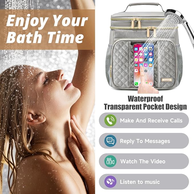 Large Leather Toiletry Bag for Women Men,Bathroom Bag,Water Resistant Shower Bag,Makeup Bag,Portable Shower Caddy for College Dorm,Hanging Travel Toiletry Bag with Transparent Waterproof Phone Pocket