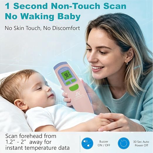 Medical Grade Non-Contact Forehead Thermometer, Pink | With Case, Adults, Kids & Infants, No-Touch, Temporal Fever Thermometer