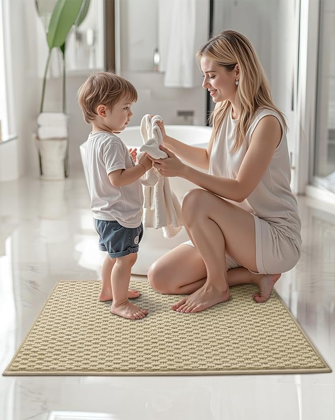 Color&Geometry Bathroom Rugs with Rubber Backing, Non Slip Machine Washable Bath Mat, Soft Absorbent Chenille Boho Carpet for Bathroom Floor, Tub and Shower,24"x36", Khaki