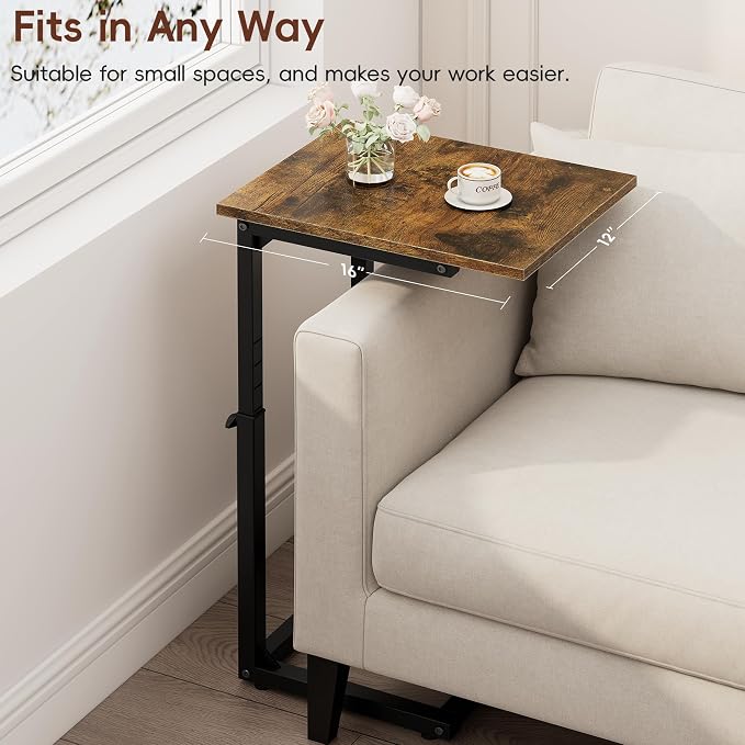 C-Shaped End Table for Couch, 33" Tall C Table Adjustable Height Side Table, Couch Side Tables with Metal Frame Slide Under Sofa, Sofa Table TV Tray for Living Room, Bedroom, Bedside, Brown