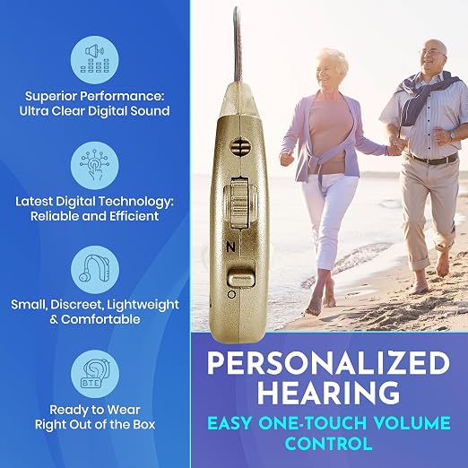 Digital Hearing Amplifiers - Rechargeable BTE Personal Sound Amplifier Pair with USB Dock - Premium Gold Behind The Ear Sound Amplification - by NewEar