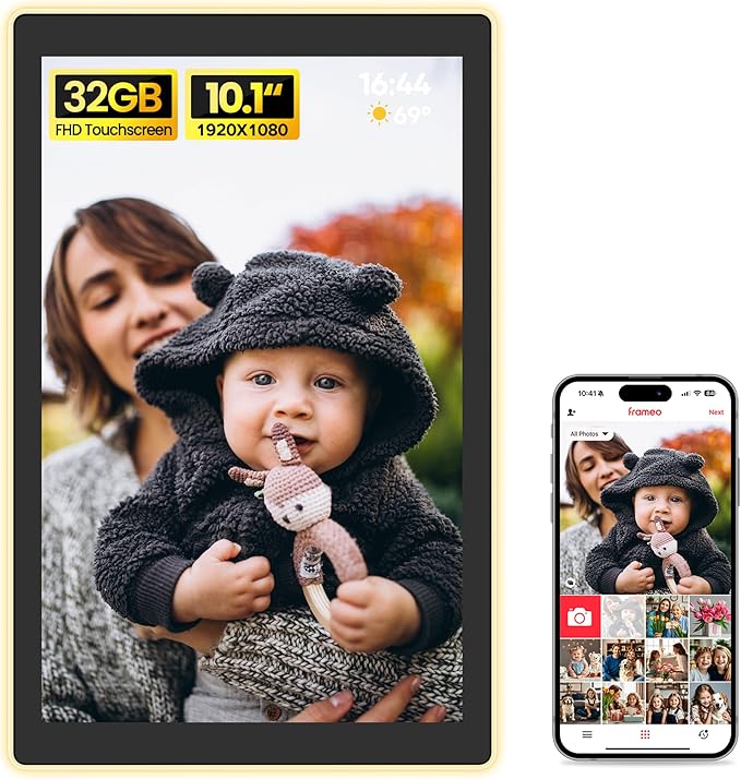 BIGASUO Digital Picture Frame, 10.1" Frameo Digital Frame WiFi with LED Light, 32GB Memory, 1280x800 IPS Touch Screen, Send Photos/Videos from Your Phone Anywhere, Photo Gifts for Parent/Grandparent