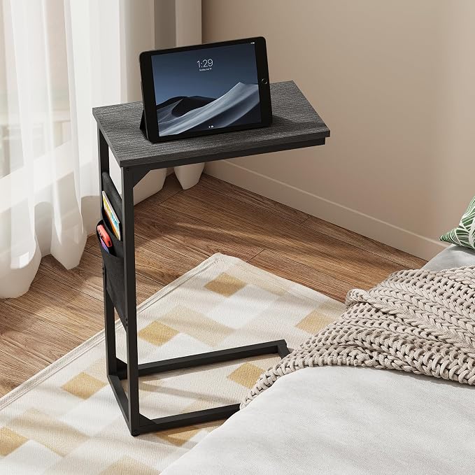 TUTOTAK C Shaped End Table, Side Table for Couch, Sofa Table | with Storage Bag, TV Tray for Living Room, Bedroom, Black TB01BK082