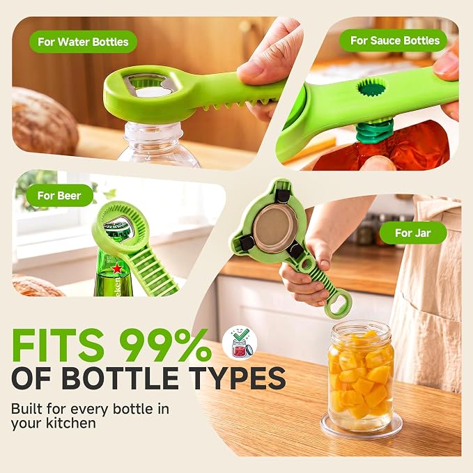 2026 Upgraded 4-in-1 Jar Opener - Adjustable Stainless Steel Lid Remover for Seniors & Arthritis Sufferers, Fits Kitchen Jars, Bottles & Cans Green