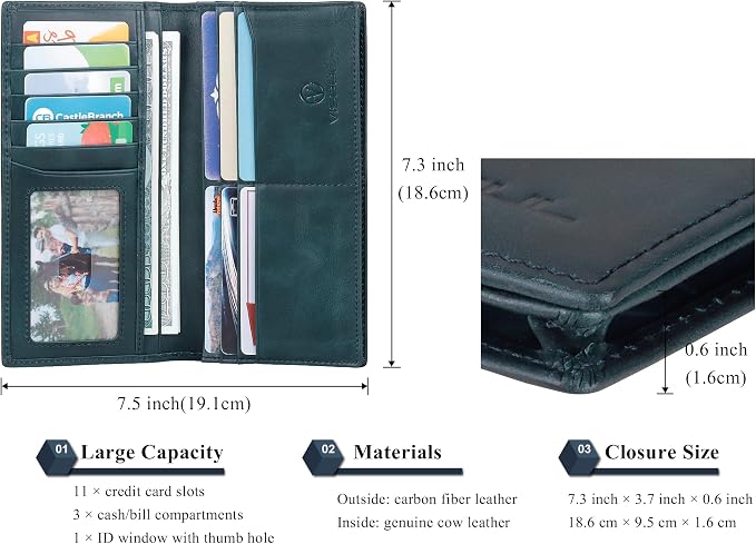 VISOUL Leather Checkbook Cover Wallet for Men with RFID Blocking, Mens Long Bifold Cash Tall Wallet with 11 Credit Card Slots 1 ID Window (Dark Blue)