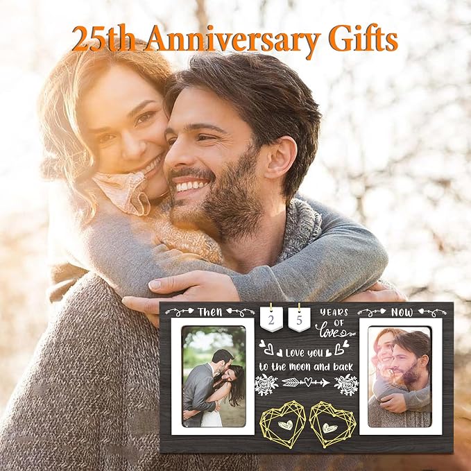Then & Now Anniversary Picture Frame - 1-99 Years Anniversary Wedding Gift for Couple, Engagement Bridal Shower, Gifts for Couples Wood Photo Frame Holds Two 4x6 Inches Photos-Black
