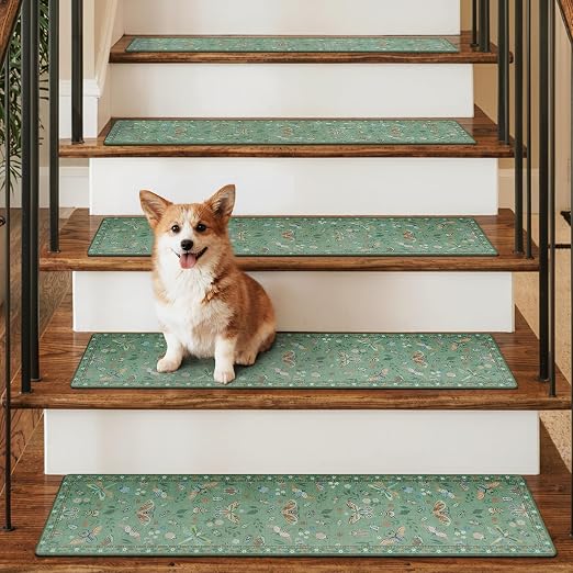 OJIA Insect Stair Treads Non Slip Stair Runner for Wooden Steps 15PC 8"x30" | Indoor Stair Runners Rubber Backed Carpet Treads for Wood Stairs Staircase Step Treads for Kids & Dogs,Stair Covers, Green