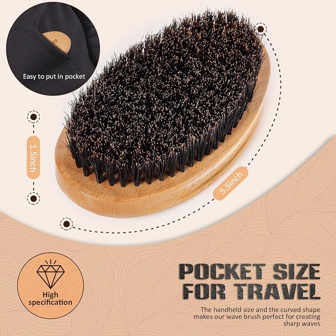 Soft 360 Wave Brush for Men, 100% Pure Boar Bristle Hair Brush for Men, Beech Wood Curved Palm Brush for Fresh Cuts, Beginners, Short Hair Waves & Beard Grooming