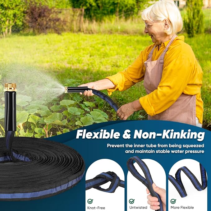 Garden Hose 100ft Lightweight, Non-Expanding, Leak-Proof Metal Connector, No-Knot No-Tangle Easy to Store and Carry Wear-Resistant 3/4GHT Flexible Water Hose for Yard Outdoor (Black Lake Blue)