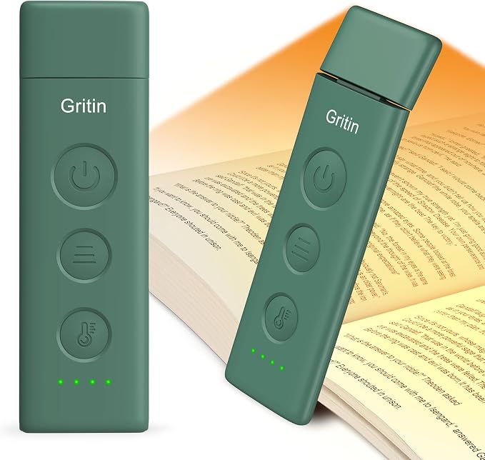 Gritin Book Light Rechargeable, Clip on LED Reading Light for Books in Bed | Eye Caring 3-Color & 5-Brightness, Stepless Dimming, Long Lasting, Compact Size Flexible Book Lamp for Bookworms-Dark green
