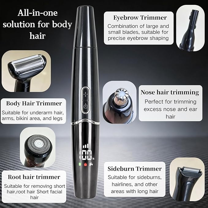 5-in-1 Nose Hair Trimmer for Men, USB-C Rechargeable Painless Eyebrow & Facial Trimmer, IPX7 Waterproof Electric Grooming Kit, LED Display with 5 Blade Heads, Classic Black