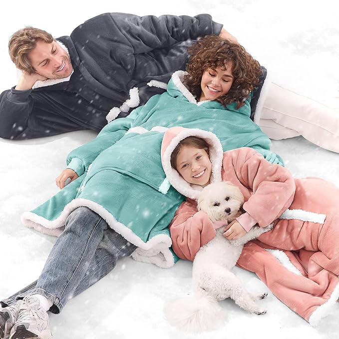 JOYWOO Wearable Blanket Hoodie,Oversized Cat Lovers Sweatshirt Blanket for Adult & Teens, Birthday Gifts for Women Men Mom Girl Boys,Cozy Sherpa Fuzzy Blanket Giant Pocket Gifts,Blue Gray Small