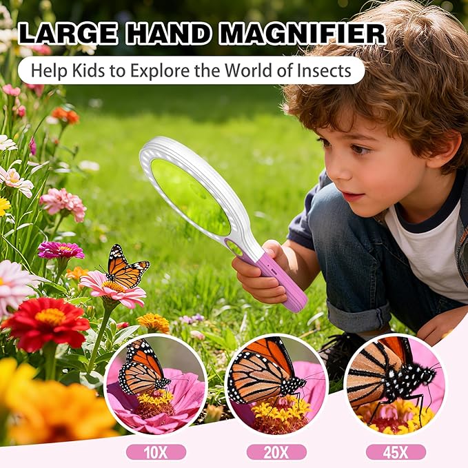 Rechargeable Large 5.2'' Magnifying Glass with Light, 10X 20X 45X Handheld Magnifying Glasses for Reading, 3 Lighted Modes Non-Slip Handle Magnifier for Seniors Close Work Coins Jewelry Hobby