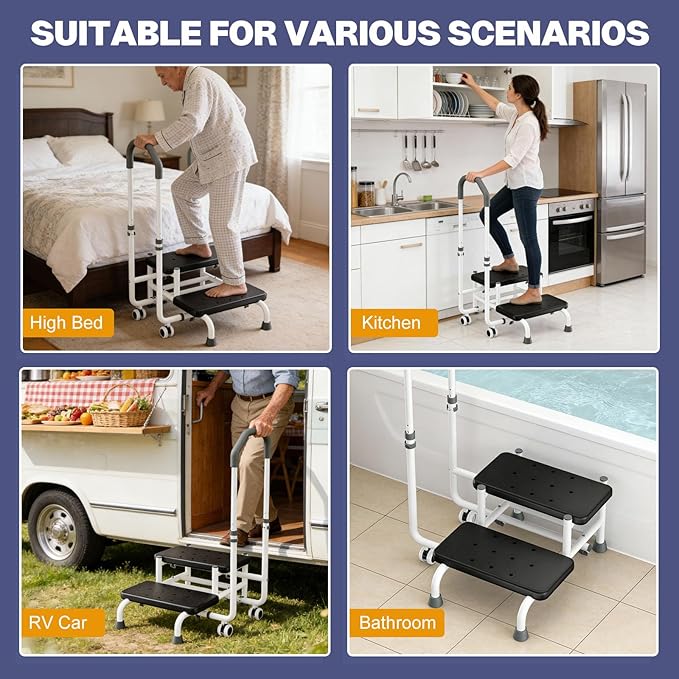 2 Step Stool with Handle for Elderly, 2 Lockable Wheel - Bed Steps for High Beds for Adults, 4.3 in Widened Spacing, 5 Level Adjustable Handrail, Foot Stool, for Bedside, Kitchen, RV, Bathtub