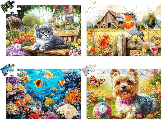 4 Pack 36 Large Piece Puzzles for Seniors Puzzle Dementia Alzheimer's Products Activities for Seniors Dog Cat Bird Fish Easy Jigsaw Puzzle Memory Games Gift for Elderly Adult with 4 Storage Bags
