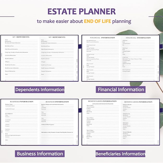 End of Life Planner, Guided Estate Planning Organizer with Tabs, Last Wish, Will Preparation, Funeral Planning, Final Arrangements Notebook for Beneficiary, in Case of Death Organizer 7.5"X9”-Purple
