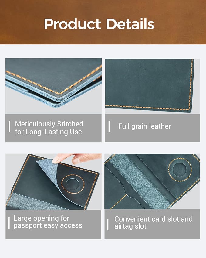 Passport Holder for Travel, Genuine Leather Passport Wallet Cover Case with Airtag Slot, RFID Blocking, for Women Men, Travel Essentials Gift, Blue